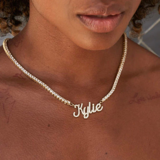 FOR HER ICED OUT CUSTOM NAME PENDANT CHAIN - YELLOW GOLD